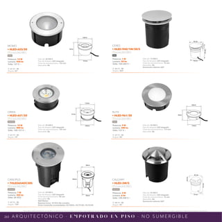 263
*Tecnolite se reserva el derecho de modificar la información sin previo aviso y no se hace responsable por errores u omisiones en este documento. *Lámparas y luminarios no aptos para trabajo de voltaje constante en niveles superiores o inferiores marcados en el producto.
A R Q U I T E C T Ó N I C O · E M P O T R A D O E N P I S O · N O S U M E R G I B L E
NPI-18
HLED-653
140mm
72mm
131mm
NPI-17
HLED-651/30
110mm
51mm
105mm
NPI-18
HLED-961
120mm
35mm
110mm
NPI-20
7HLED654DC30S
95mm
85mm
120mm
90 mm
103
mm
20
mm
76 mm
18
mm
90 mm
76 mm
105
mm
Potencia: 3 W
Lumens: 6 lm
Volts: 100-240 V ~
IP: 44 IRC: 80
Ángulo: 45°
Vida útil: 25 000 h
Tipo de lámpara: LED integrado
Corte de empotramiento: 76 mm
Atenuable: No
Iluminación indirecta 360°
CALGARY
• HLED-3W/S
Luz suave cálida 3 000 K
Satinado
Potencia: 7 W
Lumens: 325 lm
Volts: 24 VCD
IP: 67 IRC: 80
Ángulo: 130°
Vida útil: 20 000 h
Tipo de lámpara: LED integrado
Corte de empotramiento: 85 mm
Atenuable: No
Wall Washer
Requiere Driver 24 VCD (No incluido).
Driver Construlita recomendados: AC7005G / AC7515B / AC7525B
CANOPUS
• 7HLED654DC30S
Luz suave cálida 3 000 K
Satinado
Potencia: 1 W
Lumens: 50 lm
Volts: 100-240 V ~
IP: 65 IRC: 80
Ángulo: 360°
Vida útil: 15 000 h
Tipo de lámpara: LED integrado
Corte de empotramiento: 76 mm
Atenuable: No
Iluminación indirecta 360°
CERES
• HLED-940/1W/30/S
Luz suave cálida 3 000 K
Gris
Potencia: 14 W
Lumens: 950 lm
Volts: 127 V ~
IP: 67 IRC: 80
Ángulo: 42°
Vida útil: 20 000 h
Tipo de lámpara: LED integrado
Corte de empotramiento: 132 mm
Atenuable: No
MOMO
• HLED-653/30
Luz suave cálida 3 000 K
Satin
Potencia: 10 W
Lumens: 800 lm
Volts: 100-127 V ~
IP: 67 IRC: 80
Ángulo: 79°
Vida útil: 20 000 h
Tipo de lámpara: LED integrado
Corte de empotramiento: 105 mm
Atenuable: No
ORBIX
• HLED-651/30
Luz suave cálida 3 000 K
Satinado
Potencia: 9 W
Lumens: 280 lm
Volts: 127 V ~
IP: 67 IRC: 80
Ángulo: 90°
Vida útil: 20 000 h
Tipo de lámpara: LED integrado
Corte de empotramiento: 115 mm
Atenuable: No
RUTA
• HLED-961/30
Luz suave cálida 3 000 K
Satin
 