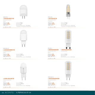 293
*Tecnolite se reserva el derecho de modificar la información sin previo aviso y no se hace responsable por errores u omisiones en este documento. *Lámparas y luminarios no aptos para trabajo de voltaje constante en niveles superiores o inferiores marcados en el producto.
A C E N T O · A M P O L L E T A S
Potencia: 2 W
Lumens: 160 lm
Volts: 12 V ~
IRC: 80 Ángulo: 150°
Vida útil: 15 000 h
Tipo de base: G4
Atenuable: No
Dimensiones del producto: 19 x 38 mm
* Lámparas a 12 V requieren transformador
ERIDAN I
• 2G4LED30DC150
Luz suave cálida 3 000 K
Blanco
Potencia: 2 W
Lumens: 160 lm
Volts: 100-127 V ~
IRC: 80 Ángulo: 150°
Vida útil: 15 000 h
Tipo de base: GY6.35
Atenuable: No
Dimensiones del producto: 19 x 47.5 mm
ERIDANI III
• 2JCDLED30MV150
Luz suave cálida 3 000 K
Blanco
Potencia: 2 W
Lumens: 160 lm
Volts: 12 V ~
IRC: 80 Ángulo: 300°
Vida útil: 15 000 h
Tipo de base: G4
Atenuable: No
Dimensiones del producto: 12 x 41 mm
* Lámparas a 12 V requieren transformador
IRIDIUM
• G4-LED/02/30
Luz suave cálida 3 000 K
Transparente
Potencia: 3 W
Lumens: 280 lm
Volts: 100-127 V ~
IRC: 80 Ángulo: 300°
Vida útil: 15 000 h
Tipo de base: GY6.35
Atenuable: Si
Dimensiones del producto: 18 x 54 mm
IRIDIUM III
• 3DJCDLED30V300
Luz suave cálida 3 000 K
Blanco
Potencia: 3 W
Lumens: 280 lm
Volts: 100-127 V ~
IRC: 80 Ángulo: 300°
Vida útil: 15 000 h
Tipo de base: G9
Atenuable: Si
Dimensiones del producto: 18 x 53 mm
IRIIUM II
• 3DG9LED30V300 • 3DG9LED65V300
Luz suave cálida 3 000 K Luz de día 6 500 K
Blanco
Potencia: 3 W
Lumens: 180 lm
Volts: 100-127 V ~
IRC: 80 Ángulo: 240°
Vida útil: 25 000 h
Tipo de base: GY6.35
Atenuable: Si
Dimensiones del producto: 18 x 49 mm
• JCDD-LED/3W/30
Luz suave cálida 3 000 K
Blanco
 