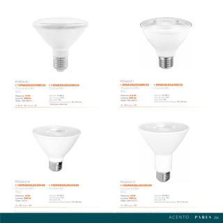 296
296
*Tecnolite se reserva el derecho de modificar la información sin previo aviso y no se hace responsable por errores u omisiones en este documento. *Lámparas y luminarios no aptos para trabajo de voltaje constante en niveles superiores o inferiores marcados en el producto.
A C E N T O · PA R E S
Potencia: 13 W
Lumens: 900 lm
Volts: 100-240 V ~
IP: 65 IRC: 80 Ángulo: 35°
Vida útil: 15 000 h
Tipo de base: E27
Atenuable: No
Dimensiones del producto: 96 x 95 mm
* Ideal para exteriores
BOREALIS I
• 13PAR30LED30MV35 • 13PAR30LED65MV35
Luz suave cálida 3 000 K Luz de día 6 500 K
Blanco
Potencia: 8.5 W
Lumens: 850 lm
Volts: 100-240 V ~
IRC: 80 Ángulo: 25°
Vida útil: 25 000 h
Tipo de base: E27
Atenuable: No
Dimensiones del producto: 95 x 90 mm
PEGASUS I
• 8PAR30LED30MV25 • 8PAR30LED65MV25
Luz suave cálida 3 000 K Luz de día 6 500 K
Blanco
Potencia: 10 W
Lumens: 800 lm
Volts: 127 V ~
IRC: 80 Ángulo: 40°
Vida útil: 25 000 h
Tipo de base: E27
Atenuable: Si
Dimensiones del producto: 92 x 84 mm
PEGASUS III
• 10DPAR30LED30V40 • 10DPAR30LED65V40
Luz suave cálida 3 000 K Luz de día 6 500 K
Blanco
Potencia: 10 W
Lumens: 800 lm
Volts: 100-127 V ~
IRC: 80 Ángulo: 40°
Vida útil: 25 000 h
Tipo de base: E27
Atenuable: Si
Dimensiones del producto: 92 x 110 mm
PEGASUS IV
• 10DPAR30LLED30V40
Luz suave cálida 3 000 K
Blanco
 