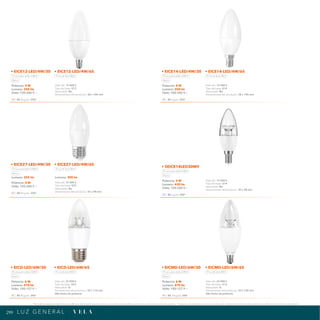 299
*Tecnolite se reserva el derecho de modificar la información sin previo aviso y no se hace responsable por errores u omisiones en este documento. *Lámparas y luminarios no aptos para trabajo de voltaje constante en niveles superiores o inferiores marcados en el producto.
L U Z G E N E R A L · V E L A
Potencia: 4 W
Lumens: 250 lm
Volts: 100-240 V ~
IRC: 80 Ángulo: 250°
Vida útil: 15 000 h
Tipo de base: E12
Atenuable: No
Dimensiones del producto: 38 x 104 mm
• EICE12-LED/4W/30 • EICE12-LED/4W/65
Luz suave cálida 3 000 K Luz de día 6 500 K
Blanco
Potencia: 4 W
Lumens: 250 lm
Volts: 100-240 V ~
IRC: 80 ngulo: 250°
Vida útil: 15 000 h
Tipo de base: E14
Atenuable: No
Dimensiones del producto: 38 x 104 mm
• EICE14-LED/4W/30 • EICE14-LED/4W/65
Luz suave cálida 3 000 K Luz de día 6 500 K
Blanco
Potencia: 5 W
Lumens: 430 lm
Volts: 100-240 V ~
IRC: 80 ngulo: 240°
Vida útil: 15 000 h
Tipo de base: E14
Atenuable: No
Dimensiones del producto: 35 x 98 mm
• 5EICE14LED30MV
Luz suave cálida 3 000 K
Blanco
Potencia: 4 W
Volts: 100-240 V ~
IRC: 80 Ángulo: 250°
Vida útil: 15 000 h
Tipo de base: E27
Atenuable: No
Dimensiones del producto: 35 x 98 mm
• EICE27-LED/4W/30 • EICE27-LED/4W/65
Luz suave cálida 3 000 K Luz de día 6 500 K
Blanco
Lumens: 255 lm Lumens: 300 lm
Potencia: 6 W
Lumens: 470 lm
Volts: 100-127 V ~
IRC: 80 Ángulo: 240°
Vida útil: 25 000 h
Tipo de base: E27
Atenuable: Si
Dimensiones del producto: 39 x 110 mm
Alto factor de potencia
• EICD-LED/6W/30 • EICD-LED/6W/65
Luz suave cálida 3 000 K Luz de día 6 500 K
Blanco
Potencia: 6 W
Lumens: 470 lm
Volts: 100-127 V ~
IRC: 80 Ángulo: 240°
Vida útil: 25 000 h
Tipo de base: E12
Atenuable: Si
Dimensiones del producto: 39 x 109 mm
Alto factor de potencia
• EICMD-LED/6W/30 • EICMD-LED/6W/65
Luz suave cálida 3 000 K Luz de día 6 500 K
Blanco
 
