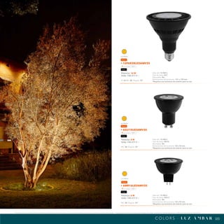 320
320
*Tecnolite se reserva el derecho de modificar la información sin previo aviso y no se hace responsable por errores u omisiones en este documento. *Lámparas y luminarios no aptos para trabajo de voltaje constante en niveles superiores o inferiores marcados en el producto.
C O L O R S · L U Z Á M BA R
LUZ ÁMBAR
LUZ ÁMBAR
LUZ ÁMBAR
Potencia: 16 W
Volts: 100-277 V ~
IP: 65 IRC: 80 Ángulo: 35°
Vida útil: 15 000 h
Tipo de base: E27
Atenuable: No
Dimensiones del producto: 121 x 129 mm
*Requiere una luminaria de exterior para su uso.
• 16PAR38LEDAMV35
Luz ámbar 1 800 K
Negro
Potencia: 6 W
Volts: 100-277 V ~
IRC: 80 Ángulo: 35°
Vida útil: 15 000 h
Tipo de base: GX5.3
Atenuable: No
Dimensiones del producto: 50 x 45 mm
*Requiere una luminaria de exterior para su uso.
• 6MR16LEDAMV35
Luz ámbar 1 800 K
Negro
Potencia: 6 W
Volts: 100-277 V ~
IRC: 80 Ángulo: 35°
Vida útil: 15 000 h
Tipo de base: GU10
Atenuable: No
Dimensiones del producto: 50 x 54 mm
*Requiere una luminaria de exterior para su uso.
• 6GU10LEDAMV35
Luz ámbar 1 800 K
Negro
Nuevo
Nuevo
Nuevo
 