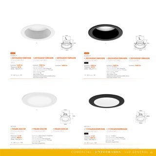 60
*Tecnolite se reserva el derecho de modificar la información sin previo aviso y no se hace responsable por errores u omisiones en este documento. *Lámparas y luminarios no aptos para trabajo de voltaje constante en niveles superiores o inferiores marcados en el producto.
C O M E R C I A L · E M P O T R A D O S · L U Z G E N E R A L
115mm
63mm
145mm
NPI-17
YDLED-432
115mm
63mm
145mm
NPI-18
11YDLED432MV30N
11YDLED432MV65N
11YDLED432MV30M
11YDLED432MV65M
NPI-21
DS02 4.5 30k black
DS02 4.5 30k white
140mm
60mm
115mm
NPI-21
DS02 4.5 30k black
DS02 4.5 30k white
140mm
60mm
115mm
B
B
N
N
Potencia: 20 W
Volts: 100-277 V ~
IRC: 80 Ángulo: 90°
Vida útil: 25 000 h
Tipo de lámpara: LED integrado
Corte de empotramiento: 115 mm
Bote integral: 12cm
Atenuable: No
Alto confort visual
Instalación ideal mediana/doble altura
Para bote intregal 12cm
KAMUY
• 20YDLED015MV30B • 20YDLED015MV40B • 20YDLED015MV65B
Luz suave cálida 3 000 K Luz blanca neutra 4 000 K Luz de día 6 500 K
Blanco
Lumens: 1620 lm Lumens: 1800 lm Lumens: 1600 lm
Potencia: 20 W
Volts: 100-277 V ~
IRC: 80 Ángulo: 90°
Vida útil: 25 000 h
Tipo de lámpara: LED integrado
Corte de empotramiento: 115 mm
Bote integral: 12cm
Atenuable: No
Alto confort visual
Instalación ideal mediana/doble altura
Para bote intregal 12cm
KAMUY
• 20YDLED015MV30N • 20YDLED015MV40N • 20YDLED015MV65N
Luz suave cálida 3 000 K Luz blanca neutra 4 000 K Luz de día 6 500 K
Negro
Lumens: 1440 lm Lumens: 1600 lm Lumens: 1600 lm
Potencia: 11 W
Lumens: 800 lm
Volts: 100-240 V ~
IRC: 80 Ángulo: 100°
Aplicación: Bote integral / Empotrar
Vida útil: 15 000 h
Tipo de lámpara: LED integrado
Corte de empotramiento: 115 mm
Atenuable: No
Para bote integral 8cm
NOVA
• YDLED-432/30 • YDLED-432/40 • YDLED-432/65
Luz suave cálida 3 000 K Luz blanca neutra 4 000 K Luz de día 6 500 K
Blanco
Potencia: 11 W
Lumens: 800 lm
Volts: 100-240 V ~
IRC: 80 Ángulo: 100°
Vida útil: 15 000 h
Tipo de lámpara: LED integrado
Corte de empotramiento: 115 mm
Atenuable: No
Para bote integral 8cm
NOVA I
• 11YDLED432MV30N • 11YDLED432MV65N
Luz suave cálida 3 000 K Luz de día 6 500 K
Negro
NUEVO NUEVO
 