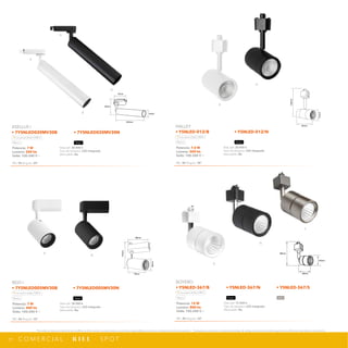 77
*Tecnolite se reserva el derecho de modificar la información sin previo aviso y no se hace responsable por errores u omisiones en este documento. *Lámparas y luminarios no aptos para trabajo de voltaje constante en niveles superiores o inferiores marcados en el producto.
C O M E R C I A L · R i e l · S P O T
NPI-19
7YSNLED020MV30B
7YSNLED020MV30N
88mm
75mm
200mm
40mm
116mm
88mm
79mm
50mm
96mm
55mm
86mm
NPI-17
YSNLED-367
146mm
61mm
84mm
B
N
B
B
N
N
B
N
S
N
B
Potencia: 7 W
Lumens: 250 lm
Volts: 100-240 V ~
IRC: 90 Ángulo: 24°
Vida útil: 30 000 h
Tipo de lámpara: LED integrado
Atenuable: No
ASELLUS I
• 7YSNLED020MV30B • 7YSNLED020MV30N
Luz suave cálida 3 000 K
Blanco Negro
Potencia: 7 W
Lumens: 440 lm
Volts: 100-240 V ~
IRC: 80 Ángulo: 30°
Vida útil: 30 000 h
Tipo de lámpara: LED integrado
Atenuable: No
BEID I
• 7YSNLED005MV30B • 7YSNLED005MV30N
Luz suave cálida 3 000 K
Blanco Negro
Potencia: 12 W
Lumens: 800 lm
Volts: 100-240 V ~
IRC: 80 Ángulo: 24°
Vida útil: 15 000 h
Tipo de lámpara: LED integrado
Atenuable: No
BOYERO
• YSNLED-367/B • YSNLED-367/N • YSNLED-367/S
Luz suave cálida 3 000 K
Blanco Negro Satin
Potencia: 7.5 W
Lumens: 500 lm
Volts: 100-240 V ~
IRC: 80 Ángulo: 38°
Vida útil: 20 000 h
Tipo de lámpara: LED integrado
Atenuable: No
HALLEY
• YSNLED-012/B • YSNLED-012/N
Luz suave cálida 3 000 K
Blanco Negro
 