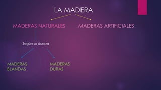 LA MADERA 
MADERAS NATURALES MADERAS ARTIFICIALES 
MADERAS 
BLANDAS 
MADERAS 
DURAS 
Según su dureza 
 