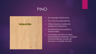 PINO 
 Se impregna fácilmente. 
 Es un recurso abundante. 
 Ofrece buenos niveles de 
resistencia mecánica. 
 Es fácilmente procesable y 
trasformable. 
 La Madera de Pino se utiliza 
para:Madera taladrada, madera 
contrachapada, postes de 
servicios y muebles de pino. 
 
