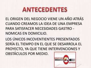 EL ORIGEN DEL NEGOCIO VIENE UN AÑO ATRÁS
CUANDO CREAMOS LA IDEA DE UNA EMPRESA
PARA SATISFACER NECESIDADES GASTRO -
NOMICAS EN DOMICILIO.
LOS ÚNICOS INCOVENTIENTES PRESENTADOS
SERÍA EL TIEMPO EN EL QUE SE DESARROLA EL
PROYECTO, YA QUE TIENE INTERVENCIONES Y
OBSTÁCULOS POR MEDIO.
 