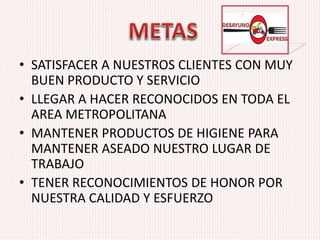 • SATISFACER A NUESTROS CLIENTES CON MUY
BUEN PRODUCTO Y SERVICIO
• LLEGAR A HACER RECONOCIDOS EN TODA EL
AREA METROPOLITANA
• MANTENER PRODUCTOS DE HIGIENE PARA
MANTENER ASEADO NUESTRO LUGAR DE
TRABAJO
• TENER RECONOCIMIENTOS DE HONOR POR
NUESTRA CALIDAD Y ESFUERZO
 