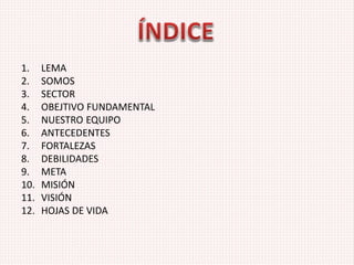 1. LEMA
2. SOMOS
3. SECTOR
4. OBEJTIVO FUNDAMENTAL
5. NUESTRO EQUIPO
6. ANTECEDENTES
7. FORTALEZAS
8. DEBILIDADES
9. META
10. MISIÓN
11. VISIÓN
12. HOJAS DE VIDA
 