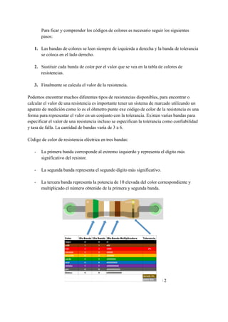 Para ficar y comprender los códigos de colores es necesario seguir los siguientes
pasos:
1. Las bandas de colores se leen siempre de izquierda a derecha y la banda de tolerancia
se coloca en el lado derecho.
2. Sustituir cada banda de color por el valor que se vea en la tabla de colores de
resistencias.
3. Finalmente se calcula el valor de la resistencia.
Podemos encontrar muchos diferentes tipos de resistencias disponibles, para encontrar o
calcular el valor de una resistencia es importante tener un sistema de marcado utilizando un
aparato de medición como lo es el óhmetro punto exe código de color de la resistencia es una
forma para representar el valor en un conjunto con la tolerancia. Existen varias bandas para
especificar el valor de una resistencia incluso se especifican la tolerancia como confiabilidad
y tasa de falla. La cantidad de bandas varía de 3 a 6.
Código de color de resistencia eléctrica en tres bandas:
- La primera banda corresponde al extremo izquierdo y representa el dígito más
significativo del resistor.
- La segunda banda representa el segundo dígito más significativo.
- La tercera banda representa la potencia de 10 elevada del color correspondiente y
multiplicado el número obtenido de la primera y segunda banda.
2
 