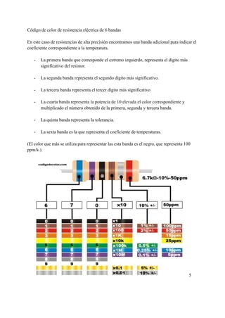 Código de color de resistencia eléctrica de 6 bandas
En este caso de resistencias de alta precisión encontramos una banda adicional para indicar el
coeficiente correspondiente a la temperatura.
- La primera banda que corresponde el extremo izquierdo, representa el dígito más
significativo del resistor.
- La segunda banda representa el segundo dígito más significativo.
- La tercera banda representa el tercer dígito más significativo
- La cuarta banda representa la potencia de 10 elevada el color correspondiente y
multiplicado el número obtenido de la primera, segunda y tercera banda.
- La quinta banda representa la tolerancia.
- La sexta banda es la que representa el coeficiente de temperaturas.
(El color que más se utiliza para representar las esta banda es el negro, que representa 100
ppm/k.)
5
 