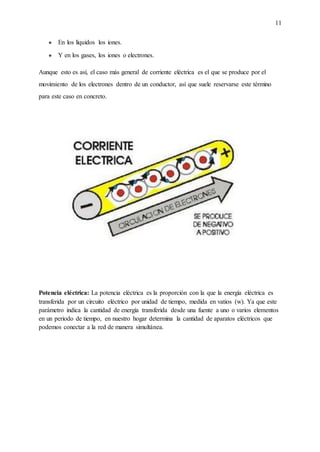 11
● En los líquidos los iones.
● Y en los gases, los iones o electrones.
Aunque esto es así, el caso más general de corriente eléctrica es el que se produce por el
movimiento de los electrones dentro de un conductor, así que suele reservarse este término
para este caso en concreto.
Potencia eléctrica: La potencia eléctrica es la proporción con la que la energía eléctrica es
transferida por un circuito eléctrico por unidad de tiempo, medida en vatios (w). Ya que este
parámetro indica la cantidad de energía transferida desde una fuente a uno o varios elementos
en un periodo de tiempo, en nuestro hogar determina la cantidad de aparatos eléctricos que
podemos conectar a la red de manera simultánea.
 