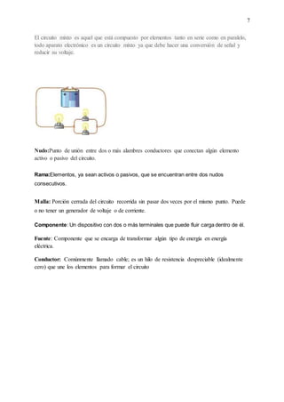 7
El circuito mixto es aquel que está compuesto por elementos tanto en serie como en paralelo,
todo aparato electrónico es un circuito mixto ya que debe hacer una conversión de señal y
reducir su voltaje.
Nudo:Punto de unión entre dos o más alambres conductores que conectan algún elemento
activo o pasivo del circuito.
Rama:Elementos, ya sean activos o pasivos, que se encuentran entre dos nudos
consecutivos.
Malla: Porción cerrada del circuito recorrida sin pasar dos veces por el mismo punto. Puede
o no tener un generador de voltaje o de corriente.
Componente: Un dispositivo con dos o más terminales que puede fluir carga dentro de él.
Fuente: Componente que se encarga de transformar algún tipo de energía en energía
eléctrica.
Conductor: Comúnmente llamado cable; es un hilo de resistencia despreciable (idealmente
cero) que une los elementos para formar el circuito
 