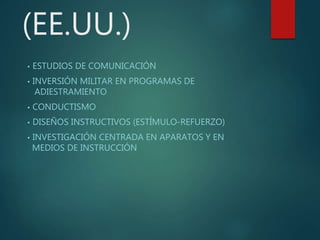 (EE.UU.)
• ESTUDIOS DE COMUNICACIÓN
• INVERSIÓN MILITAR EN PROGRAMAS DE
ADIESTRAMIENTO
• CONDUCTISMO
• DISEÑOS INSTRUCTIVOS (ESTÍMULO-REFUERZO)
• INVESTIGACIÓN CENTRADA EN APARATOS Y EN
MEDIOS DE INSTRUCCIÓN
 