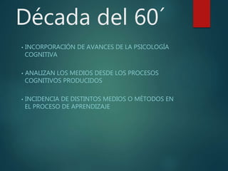 Década del 60´
• INCORPORACIÓN DE AVANCES DE LA PSICOLOGÍA
COGNITIVA
• ANALIZAN LOS MEDIOS DESDE LOS PROCESOS
COGNITIVOS PRODUCIDOS
• INCIDENCIA DE DISTINTOS MEDIOS O MÉTODOS EN
EL PROCESO DE APRENDIZAJE
 
