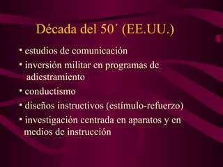 Década del 50´ (EE.UU.) estudios de comunicación inversión militar en programas de    adiestramiento conductismo diseños instructivos (estímulo-refuerzo) investigación centrada en aparatos y en    medios de instrucción 