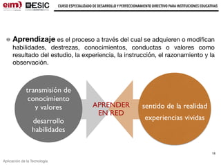 Aplicación de la Tecnología
CURSO ESPECIALIZADO DE DESARROLLO Y PERFECCIONAMIENTO DIRECTIVO PARA INSTITUCIONES EDUCATIVAS
18
Aprendizaje es el proceso a través del cual se adquieren o modiﬁcan
habilidades, destrezas, conocimientos, conductas o valores como
resultado del estudio, la experiencia, la instrucción, el razonamiento y la
observación.
transmisión de
conocimiento
y valores
desarrollo
habilidades
sentido de la realidad
experiencias vividas
EN RED
APRENDER
 