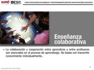 Aplicación de la Tecnología
CURSO ESPECIALIZADO DE DESARROLLO Y PERFECCIONAMIENTO DIRECTIVO PARA INSTITUCIONES EDUCATIVAS
Enseñanza
colaborativa
La colaboración y cooperación entre aprendices y entre profesores
son esenciales en el proceso de aprendizaje. No basta con transmitir
conocimiento individualmente.
23
 
