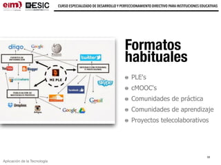 Aplicación de la Tecnología
CURSO ESPECIALIZADO DE DESARROLLO Y PERFECCIONAMIENTO DIRECTIVO PARA INSTITUCIONES EDUCATIVAS
Formatos
habituales
PLE's
cMOOC's
Comunidades de práctica
Comunidades de aprendizaje
Proyectos telecolaborativos
33
 