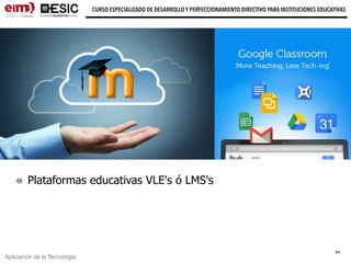 Aplicación de la Tecnología
CURSO ESPECIALIZADO DE DESARROLLO Y PERFECCIONAMIENTO DIRECTIVO PARA INSTITUCIONES EDUCATIVAS
Plataformas educativas VLE's ó LMS's
44
 