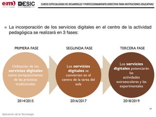 Aplicación de la Tecnología
CURSO ESPECIALIZADO DE DESARROLLO Y PERFECCIONAMIENTO DIRECTIVO PARA INSTITUCIONES EDUCATIVAS
51
La incorporación de los servicios digitales en el centro de la actividad
pedagógica se realizará en 3 fases:
Utilización de los
servicios digitales
como enriquecimiento
de las prácticas
tradicionales
2014/2015
PRIMERA FASE
Los servicios
digitales se
convierten en el
centro de la tarea del
aula
2016/2017
SEGUNDA FASE
Los servicios
digitales potenciarán
las
actividades
extraescolares y las
experimentales
2018/2019
TERCERA FASE
 