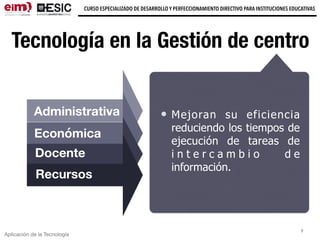 Aplicación de la Tecnología
CURSO ESPECIALIZADO DE DESARROLLO Y PERFECCIONAMIENTO DIRECTIVO PARA INSTITUCIONES EDUCATIVAS
Tecnología en la Gestión de centro
Mejoran su eficiencia
reduciendo los tiempos de
ejecución de tareas de
i n t e r c a m b i o d e
información.
7
Académica
Administrativa
Económica
Docente
Recursos
 