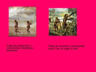 Falta de protección a    Falta de caminos y transportes
condiciones climáticas   para ir de un lugar a otro.
adversas.
 