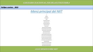 Menú principal del NXT15
1 2 3
Programa NXT
Menú principal del NXT
Tecnología
Seleccione Adelante [Forward]. Utilice
los botones de las flechas gris claro
para moverse por las opciones y luego
presione el botón naranja de Intro
[Enter] para seleccionar.
Seleccione Táctil [Touch]. Seleccione Atrás [Backward].
No necesita un ordenador para programar un robot. Puede
crear muchos programas sin su ordenador, utilizando el
submenú Programa del NXT [NXT Program].
Pruebe este programa para ver lo fácil que es.
Haga que el robot retroceda y avance cuando se presiona el
sensor táctil. Primero, el robot se moverá hacia delante hasta
que se presione el sensor táctil y luego se moverá hacia atrás.
Al presionar el sensor táctil nuevamente, el robot se moverá
otra vez hacia delante. Esto continuará indefinidamente hasta
que usted detenga el programa.
Asegúrese de que el sensor y los motores están conectados
en los puertos correctos. El sensor táctil se conecta en el
puerto 1. Los motores se conectan en los puertos B y C.
 