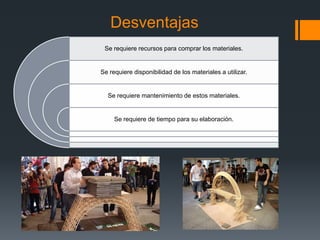 Desventajas
Se requiere recursos para comprar los materiales.

Se requiere disponibilidad de los materiales a utilizar.

Se requiere mantenimiento de estos materiales.

Se requiere de tiempo para su elaboración.

 