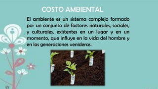 COSTO AMBIENTAL
El ambiente es un sistema complejo formado
por un conjunto de factores naturales, sociales,
y culturales, existentes en un lugar y en un
momento, que influye en la vida del hombre y
en las generaciones venideras.

 