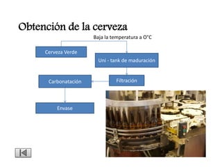 Obtención de la cerveza
                      Baja la temperatura a O°C

     Cerveza Verde
                        Uni - tank de maduración


      Carbonatación            Filtración



         Envase
 