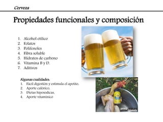 Cerveza

Propiedades funcionales y composición

 1.   Alcohol etílico
 2.   Folatos
 3.   Polifenoles
 4.   Fibra soluble
 5.   Hidratos de carbono
 6.   Vitamina B y D.
 7.   Aditivos

   Algunas cualidades:
   1. Fácil digestión y estimula el apetito,
   2. Aporte calórico,
   3. Dietas hiposodicas,
   4. Aporte vitamínico
 
