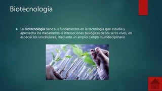 Biotecnología
 La biotecnología tiene sus fundamentos en la tecnología que estudia y
aprovecha los mecanismos e interacciones biológicas de los seres vivos, en
especial los unicelulares, mediante un amplio campo multidisciplinario
 