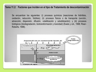 Tema 11.2: Factores que inciden en el tipo de Tratamiento de descontaminación
Se encuentran los siguientes: (i) procesos químicos (reacciones de hidrólisis,
oxidación, reducción, fotólisis); (ii) procesos físicos o de transporte (sorción,
advección, dispersión, difusión, volatilización y solubilización); y (iii) procesos
biológicos (biodegradación, biotransformación y toxicidad) (Eweis y col., 1998; Riser-
Roberts, 1998).
 