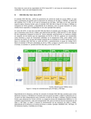 Para todos los casos de las capacidades de OTU1 hasta OUT 4, son tasas de transmisión que serán
conducidas sobre una sola longitud de onda.
D.

IEEE 802.3ba Task force 2010

El estándar IEEE 802.3ba, define los parámetros de control de medio de acceso (MAC), la capa
física y parámetros de gestión para la operación de sistemas de 40 Gbps y 100Gbps. A diferencia
del estándar ITU-T G.709, en el cual se transporta los 40 Gbps, 100 Gbps en un solo canal del
espectro óptico (Sistema Serial), para el estándar IEEE 802.3ba el flujo de 40 Gbps y 100Gbps se
transporta de forma paralela, y dependiendo de la distancia, esta se puede transmitir en varios
medios físicos separados o multiplexado en uno solo (ejemplo fibra óptica).
En Junio del 2010, el task force del IEEE 802.3ba liberó el estándar para 40 Gbps y 100 Gbps, lo
que se denomina como 40 GE y 100GE, para diferenciarlo del 40G y 100G del ITU-T G.709. Aunque
los dos organismos trabajaron al inicio de forma separada, posteriormente se realizaron trabajos
en conjunto, de tal manera que las capacidades de 40 GE y 100 GE, pudieran ser consideradas
como interfaces y tasas de transmisión admitidas en la arquitectura OTN, como validas como
interfaces de cliente. Es así que del trabajo conjunto dio su resultado en el 2010, donde primero se
libero el estándar IEEE 802.3ab en Junio del 2010, y posteriormente el grupo de trabajo SG15
liberó el estándar G.709 para velocidades de 40 G y 100G. La figura 5 muestra como se trabajó en
el tiempo, el estándar en paralelo del IEEE 802.3ba y el ITU SG15 G.709.

2007
Q1
Q2

Q3

Q4

IEEE 802.3ba
40GE/100GE
Aprobado

2008
Q1
Q2

Q3

Q4

IEEE 802.3ba
D1.0
TF Borrador

100G Project
Arranque

Q3

Q4

2010Q2
Q1

Q3

Q4

IEEE 802.3ba
IEEE 802.3ba IEEE 802.3ba
D2.0
D3.0
40GE/100GE
802.3WG Ballot LMSC Ballot
Standard

G.709 Amd3
Consenso
OTU4
Definición

ODU4
Propuesta

2009Q2
Q1

IA Borrador

G.709 New
Version
Consenso

IA to Straw
Ballot

ITU-T SG15
OTU-4
standard

Project
Completado

IA to
Principal
Ballot

Fuente: Alcatel-Lucent 100Gbs status
Figura 5: tiempo de estandarización para 40 Gbps y 100 Gbps

Dependiendo de la distancia y del tipo de conexión el estándar IEEE 802.3ba considera para cortas
distancias menores a 100 Metros la conexión entre los puerto de 40GE y 100GE la utilización de 4 o
10 pares de hilos independientes para transmitir el total de 40 Gbps y 100Gbps (Sistema Paralelo
Físico), para distancias de 10 Km y 40 Km, se emplea la técnica de multiplicación WDM de 4 o 10
Lambdas respectivamente, cada una transportando 10G, para un total de tasa de transmisión de 40
Gbps o 100 Gbps. La tabla 2 muestra la denominación de las interfaces de 40GE y 100GE,
dependiendo de la distancia y el número de líneas o canales. Ejemplo 100GBASE LR4, 100 Gbps, 10
Km distancia máxima, 4 lambdas de 25 Gbps.

5

 