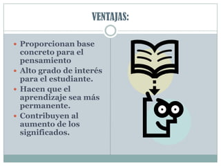 VENTAJAS:Proporcionan base concreto para el pensamientoAlto grado de interés para el estudiante.Hacen que el aprendizaje sea más permanente.Contribuyen al aumento de los significados.