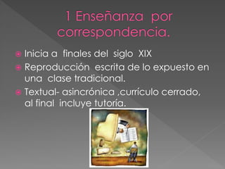  Inicia a finales del siglo XIX
Reproducción escrita de lo expuesto en
una clase tradicional.
Textual- asincrónica ,currículo cerrado,
al final incluye tutoría.