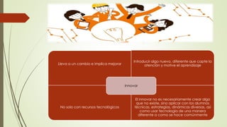 Lleva a un cambio e implica mejorar
Introducir algo nuevo, diferente que capte la
atención y motive el aprendizaje
No solo con recursos tecnológicos
El innovar no es necesariamente crear algo
que no existe, sino aplicar con los alumnos
técnicas, estrategias, dinámicas diversas, así
como usar tecnología de una manera
diferente a como se hace comúnmente
Innovar
 