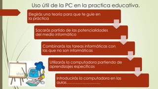 Uso útil de la PC en la practica educativa.
Elegirás una teoría para que te guíe en
la práctica
Sacarás partido de las potencialidades
del medio informático
Combinarás las tareas informáticas con
las que no son informáticas
Utilizarás la computadora partiendo de
aprendizajes específicos
Introducirás la computadora en las
aulas………………………
 