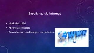 Enseñanza vía internet
• Mediados 1990
• Aprendizaje flexible
• Comunicación mediada por computadora
 