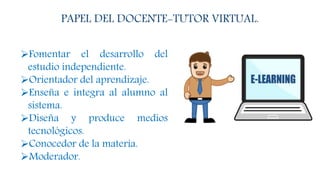 PAPEL DEL DOCENTE-TUTOR VIRTUAL.
Fomentar el desarrollo del
estudio independiente.
Orientador del aprendizaje.
Enseña e integra al alumno al
sistema.
Diseña y produce medios
tecnológicos.
Conocedor de la materia.
Moderador.