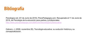 Bibliografía
Psicologos.net. (01 de Junio de 2016). PsicoPedagogía.com. Recuperado el 11 de Junio de
2016, de Psicología de la educación para padres y profesionales:
http://www.psicopedagogia.com/definicion/tecnologia%20educativa
Cabrero, J. (2006, noviembre 26). Tecnología educativa: su evolución histórica y su
conceptualización.
 
