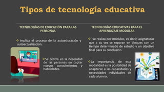 Tipos de tecnología educativa
TECNOLOGÍAS DE EDUCACIÓN PARA LAS
PERSONAS
 Implica el proceso de la autoeducación y
autoac...