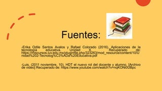 Fuentes:
-Erika Odile Santos Avalos y Rafael Colorado (2016). Aplicaciones de la
tecnología educativa. Unidad II. Recuperado de:
https://miscursos.iuv.edu.mx/pluginfile.php/323263/mod_resource/content/10/U
nidad%202-Tecnolog%C3%ADa%20Educativa.pdf
-Luis. (2011 noviembre, 10). HDT el nuevo rol del docente y alumno. [Archivo
de video] Recuperado de: https://www.youtube.com/watch?v=nqKONi0UBpc
 