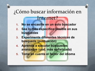 ¿Cómo buscar información en
        Internet?
1.   No se encasille en un solo buscador
2.   Sea lo más específico posible en sus
     búsquedas
3.   Experimente diferentes técnicas de
     búsqueda (puntuación)
4.   Aprenda a ejecutar búsquedas
     avanzadas (cod. más sofisticada)
5.   Tome en cuenta el factor del idioma
 