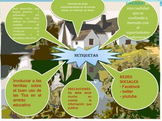 Para desarrollar una
buena práctica
y
utilización
del
Internet
se
debe
utilizar las normas y
modales
de
comportamiento para
involucrar
al
estudiante
a
la
disciplina educativa.

Normas de buen
comportamiento en el mundo
virtual, en internet, en línea.

CARISMA: Es
una cualidad
que se
confunde a
menudo con
el
rquerimiento
fundamental.

netiquetas

Involucrar a las
familias sobre
el buen uso de
las Tics en el
ambito
educativo

Precauciones
Se debe tener
mucho
en
cuenta
la
información que
publica

Redes
Sociales
- Facebook
- twitter
- youtube

 