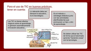 Para el uso de TIC en buenas prácticas,
tener en cuenta:
Lo relevante debe ser
siempre lo educativo,
no lo tecnológico.
Las TIC no tienen efectos
mágicos sobre el aprendizaje
ni generan automáticamente
innovación educativa.
Es el método o
estrategia didáctica junto
con las actividades
planificadas las que
promueven un tipo u otro
de aprendizaje.
Se deben utilizar las TIC
de forma que el alumnado
aprenda “haciendo cosas”
con la tecnología.
 