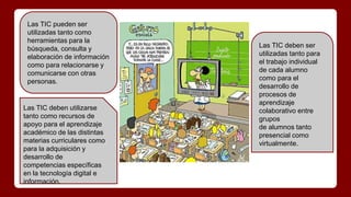 Las TIC deben utilizarse
tanto como recursos de
apoyo para el aprendizaje
académico de las distintas
materias curriculares como
para la adquisición y
desarrollo de
competencias específicas
en la tecnología digital e
información.
Las TIC pueden ser
utilizadas tanto como
herramientas para la
búsqueda, consulta y
elaboración de información
como para relacionarse y
comunicarse con otras
personas.
Las TIC deben ser
utilizadas tanto para
el trabajo individual
de cada alumno
como para el
desarrollo de
procesos de
aprendizaje
colaborativo entre
grupos
de alumnos tanto
presencial como
virtualmente.
 