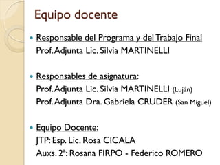 Equipo docente 
Responsable del Programa y del Trabajo Final 
Prof. Adjunta Lic. Silvia MARTINELLI 
Responsables de asignatura: 
Prof. Adjunta Lic. Silvia MARTINELLI (Luján) 
Prof. AdjuntaDra. Gabriela CRUDER (San Miguel) 
Equipo Docente: 
JTP: Esp. Lic. Rosa CICALA 
Auxs. 2ª: Rosana FIRPO -Federico ROMERO  