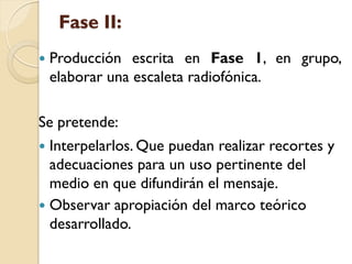 Fase II: 
ProducciónescritaenFase1,engrupo, elaborarunaescaletaradiofónica. 
Sepretende: 
Interpelarlos. Que puedan realizar recortes y adecuaciones para un uso pertinente del medio en que difundirán el mensaje. 
Observar apropiación del marco teórico desarrollado.  