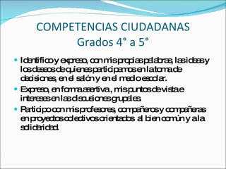 COMPETENCIAS CIUDADANAS Grados 4° a 5° Identifico y expreso, con mis propias palabras, las ideas y los deseos de quienes participamos en la toma de decisiones, en el salón y en el medio escolar. Expreso, en forma asertiva , mis puntos de vista e intereses en las discusiones grupales. Participo con mis profesores, compañeros y compañeras en proyectos colectivos orientados  al bien común y a la solidaridad. 